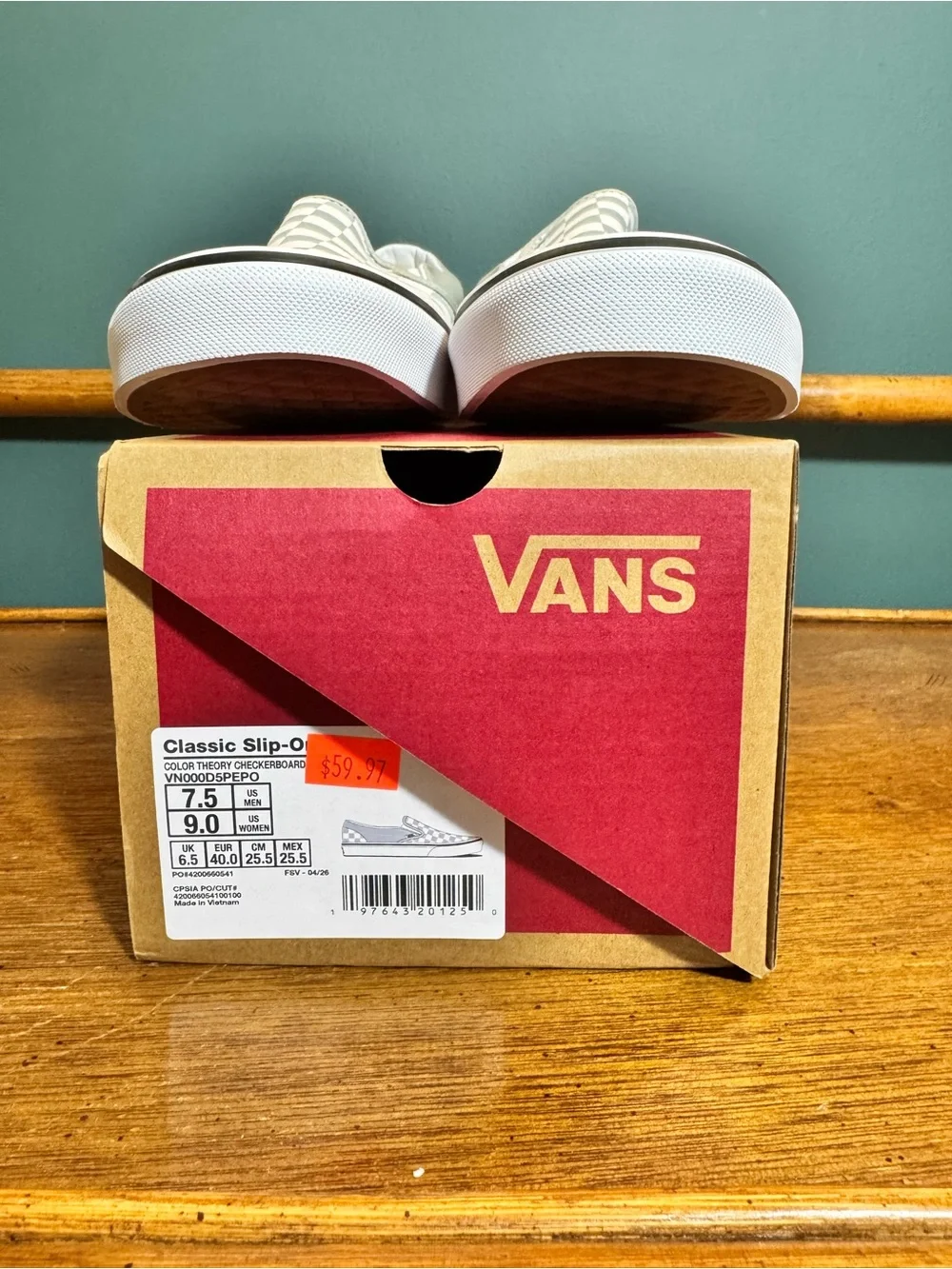 Vans Slip-On Checkerboard Sneakers in Greyish/Teal & White
